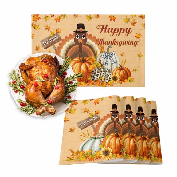 Fall Placemats Set of 4 Turkey Pumpkin Place Mats Thanksgiving Placemat Orange Maple Leaf Happy Thanksgiving Table Mats for Dining Kitchen Table Holiday Dinner Party Home Fall Decorations 13x19 Inch