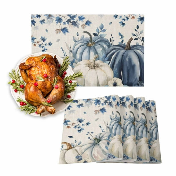 Fall Placemats Set of 4 White Pumpkin Place Mats Thanksgiving Placemat Autumn Blue Maple Leaf Floral Branch Linen Table Mats for Dining Kitchen Table Holiday Dinner Party Home Fall Decorations 13x19