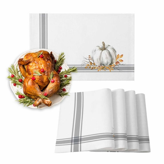 Fall Placemats Set of 4 White Pumpkin Place Mats Thanksgiving Placemat Autumn Leaf Branch Grey Stripes Table Mats for Dining Kitchen Table Holiday Dinner Party Home Fall Decorations 13x19 Inch