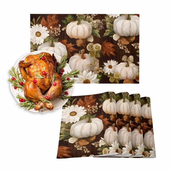 Fall Placemats Set of 4 White Pumpkin Place Mats Thanksgiving Placemat Daisy Floral Maple Leaves Table Mats for Dining Kitchen Table Holiday Dinner Party Home Fall Decorations 13x19 Inch