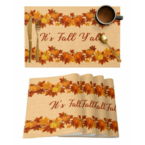 It's Fall Placemats Set of 4 Y'all Orange Thanksgiving Pumpkin Maple Leaf Harvest Heat Insulation Washable Place Mats, Rustic Non-Slip Table Mats for Dining Table Party Kitchen Decor,13x19 Inch