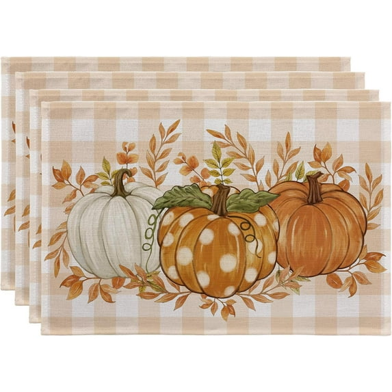 Fall Placemats Set of 6-12 X 18 Inch - Thanksgiving Autumn Harvest Pumpkin Buffalo Plaid Place Mats, Stain Resistant Wipeable Table Mats for Party/Dining/Holiday- Orange Checkered
