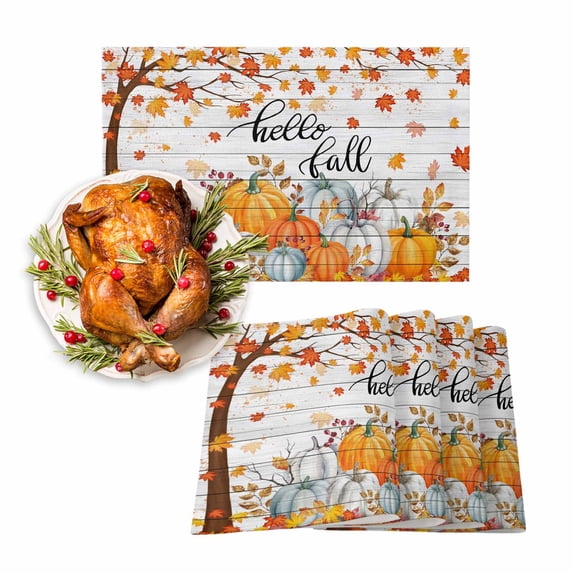 Fall Placemats Set of 6 Autumn Maple Leaves Place Mats Thanksgiving Placemat Orange Pumpkin Hello Fall Wood Table Mats for Dining Kitchen Table Holiday Dinner Party Home Fall Decorations 13x19 Inch