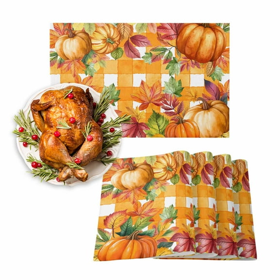 Fall Placemats Set of 6 Autumn Pumpkin Place Mats Thanksgiving Placemat Orange Maple Leaf Plaid Table Mats for Dining Kitchen Table Holiday Dinner Party Home Fall Decorations 13x19 Inch