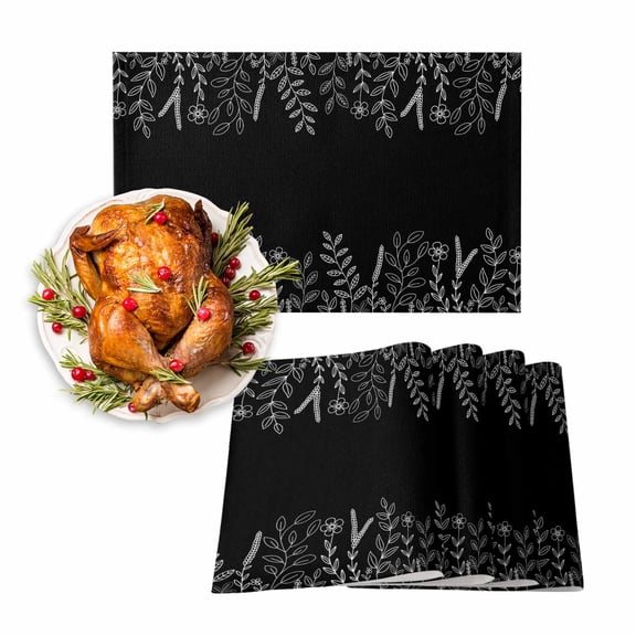 Fall Placemats Set of 6 Black Floral Place Mats Thanksgiving Placemat Flower Leaf Branch Table Mats for Dining Kitchen Table Holiday Dinner Party Home Fall Decorations 13x19 Inch