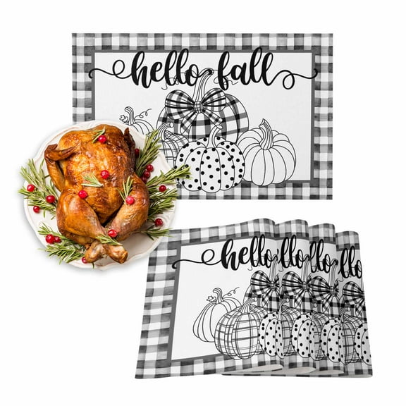 Fall Placemats Set of 6 Black White Pumpkin Place Mats Thanksgiving Placemat Polka Dots Plaid Hello Fall Table Mats for Dining Kitchen Table Holiday Dinner Party Home Fall Decorations 13x19 Inch