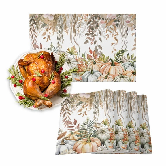 Fall Placemats Set of 6 Floral Pumpkin Place Mats Thanksgiving Placemat Autumn Leaves Branch Table Mats for Dining Kitchen Table Holiday Dinner Party Home Fall Decorations 13x19 Inch