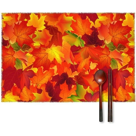 Fall Placemats Set of 6, Heat Resistant Non-Slip Yellow Place Mats for Kitchen Dining Table, Washable Durable Cloth Table Mats Holiday Decor, 18x12 Inch