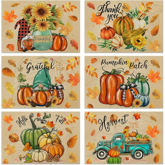 Fall Placemats Set of 6 Hello Fall Pumpkin Maple Leaves Gnomes Car Placemats Dining Table 12 x 18 Inch Seasonal Autumn Harvest Holiday Rustic Vintage Thanksgiving Table Mats