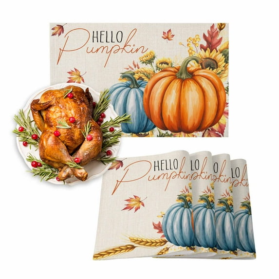Fall Placemats Set of 6 Hello Pumpkin Place Mats Thanksgiving Placemat Sunflower Ears of Wheat Maple Leaf Table Mats for Dining Kitchen Table Holiday Dinner Party Home Fall Decorations 13x19 Inch