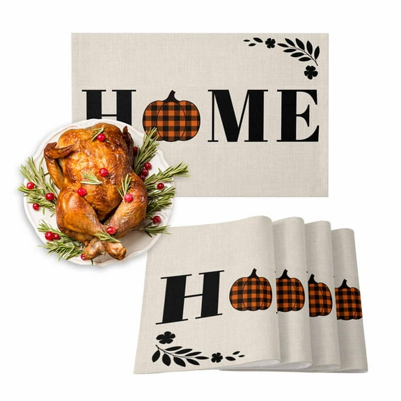 Fall Placemats Set of 6 Home Pumpkin Place Mats Thanksgiving Placemat Autumn Leaves Linen Table Mats for Dining Kitchen Table Holiday Dinner Party Home Fall Decorations 13x19 Inch