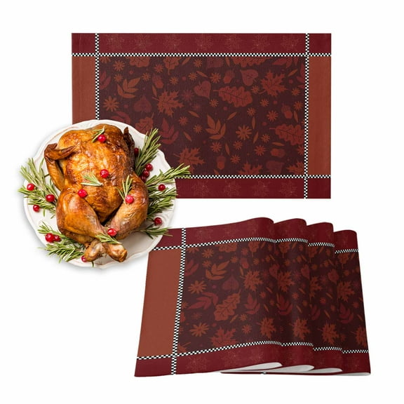 Fall Placemats Set of 6 Maple Leaf Black Check Plaid Place Mats Thanksgiving Placemat Leaves Retro Red Table Mats for Dining Kitchen Table Holiday Dinner Party Home Fall Decorations 13x19 Inch