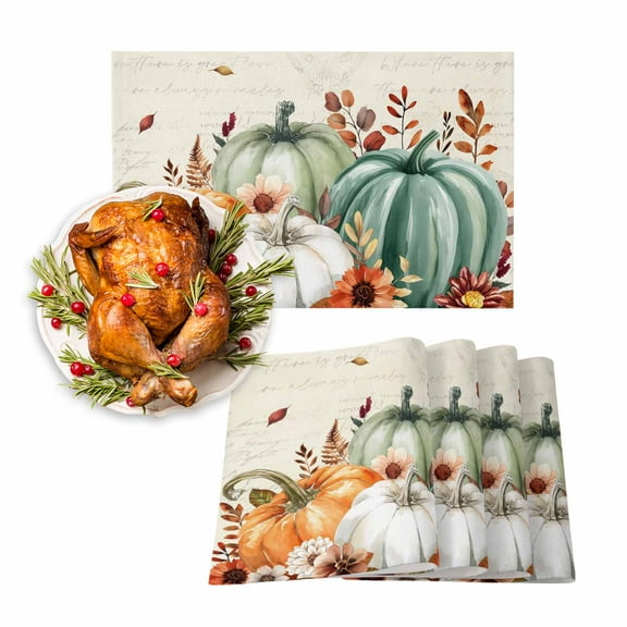 Fall Placemats Set of 6 Orange Green Harvest Pumpkin Place Mats Thanksgiving Placemat Floral Eucalyptus Leaf Beige Table Mats for Dining Kitchen Table Dinner Party Home Fall Decorations 13x19