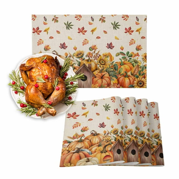 Fall Placemats Set of 6 Pumpkin Chalet Place Mats Thanksgiving Placemat Sunflower Fallen Maple Leaves Linen Table Mats for Dining Kitchen Table Holiday Dinner Party Home Fall Decorations 13x19 Inch