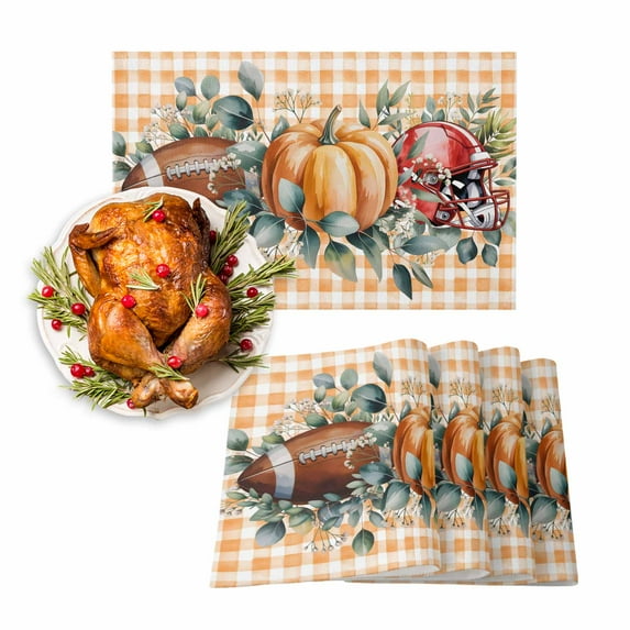 Fall Placemats Set of 6 Pumpkin Rugby Helmet Place Mats Thanksgiving Placemat Eucalyptus Leaves Orange Plaid Table Mats for Dining Kitchen Table Holiday Dinner Party Home Fall Decorations 13x19 Inch