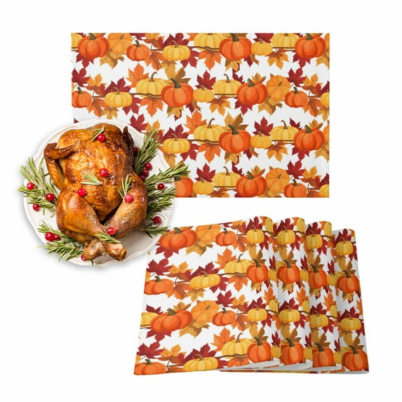 Fall Placemats Set of 6 Red Orange Maple Leaves Place Mats Thanksgiving Placemat Autumn Pumpkin Table Mats for Dining Kitchen Table Holiday Dinner Party Home Fall Decorations 13x19 Inch