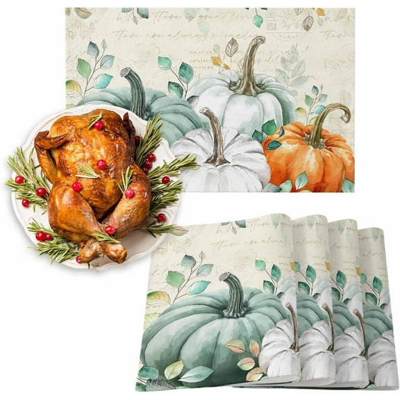 Fall Placemats Set of 6 Sage Green Pumpkin Place Mats Thanksgiving Placemat Autumn Teal Eucalyptus Leaves Table Mats for Dining Kitchen Table Holiday Dinner Party Home Fall Decorations 13x19 Inch