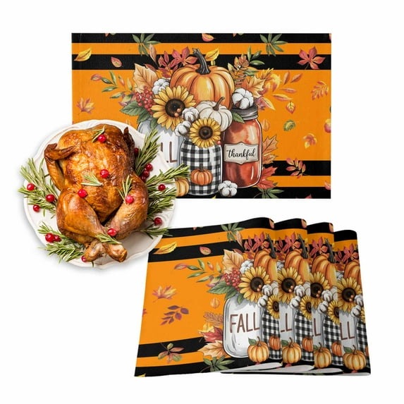 Fall Placemats Set of 6 Sunflower Pumpkin Vase Place Mats Thanksgiving Placemat Cotton Maple Leaves Black Table Mats for Dining Kitchen Table Holiday Dinner Party Home Fall Decorations 13x19 Inch