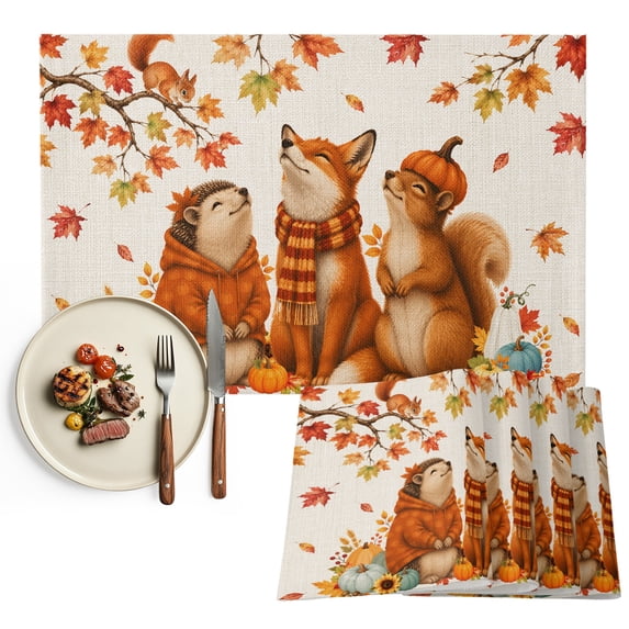 Fall Placemats Set of 6, Thanksgiving Autumn Farmhouse Vintage Harvest Washable Wipeable Table Mats for Dining Tables, Indoor Outdoor Kitchen Place Mats for Holiday Party Table Decor