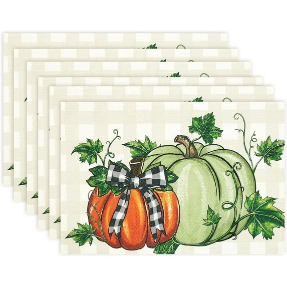 Fall Placemats Set of 6, Thanksgiving Orange Pumpkins Green Leaves Buffalo Plaid Place Mats 12x18 Inch Autumn Harvest Farmhouse Table Mats for Home Holiday Party Dining Table Decor