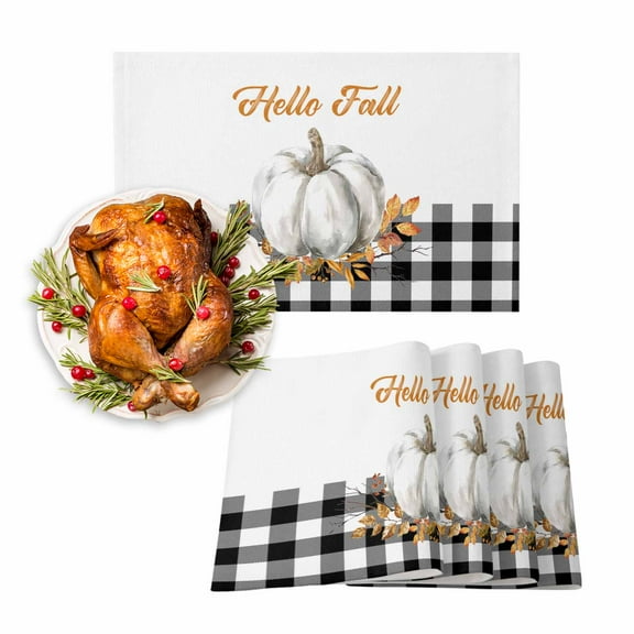 Fall Placemats Set of 6 White Pumpkin Place Mats Thanksgiving Placemat Black Buffalo Plaid Hello Fall Table Mats for Dining Kitchen Table Holiday Dinner Party Home Fall Decorations 13x19 Inch