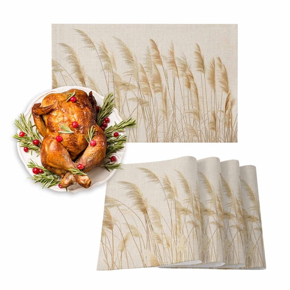 Fall Placemats Set of 6 Off White Reed Grass Place Mats Thanksgiving Placemat Retro Autumn Plant Table Mats for Dining Kitchen Table Holiday Dinner Party Home Fall Decorations 13x19 Inch
