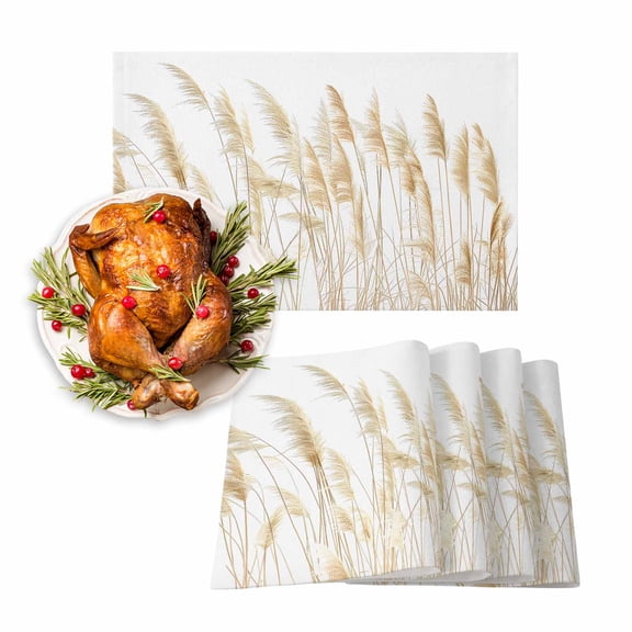 Fall Placemats Set of 6 White Reed Grass Place Mats Thanksgiving Placemat Retro Autumn Plant Table Mats for Dining Kitchen Table Holiday Dinner Party Home Fall Decorations 13x19 Inch