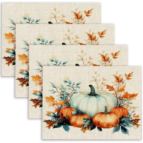 Fall Placemats Set of 4,Pumpkin Thanksgiving Placemats,Linen Fall Table Mats,Decorative Autumn Place Mats for Dining Tables