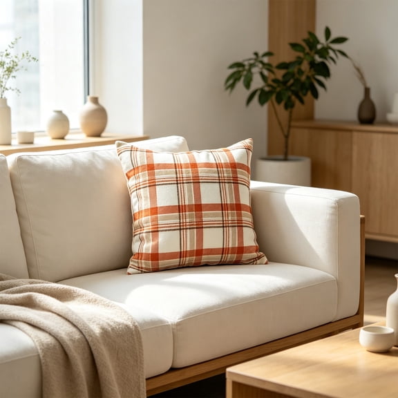 Fall Plaid Decorative Pillow,Scottish Tartan Vintage Throw Pillows, Fall Decorations for Home, Boho Farmhouse Decor for Couch Sofa Bed Porch Living Room 17.72x17.72 Orange