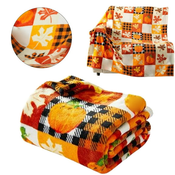Fall Plaid Halloween Throw Blanket - Soft Fuzzy Pumpkin & Leaf Design, Cozy Fleece Blanket for Couch, Sofa, Bed (Kids & Adults)