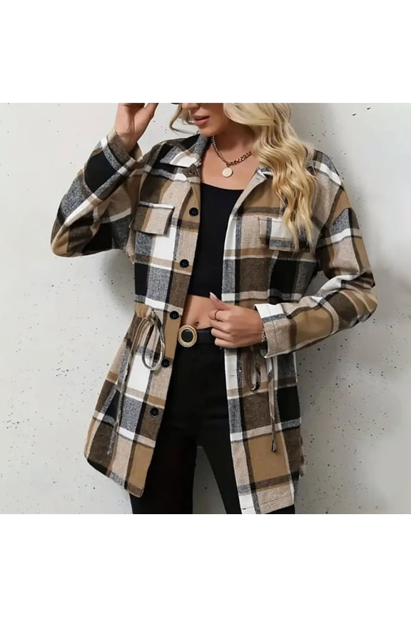 Fall Plaid Jackets Womens Shirts Button Drawstring Waist Colorblock Lapel Long Sleeve Flannel Shackets Brown M