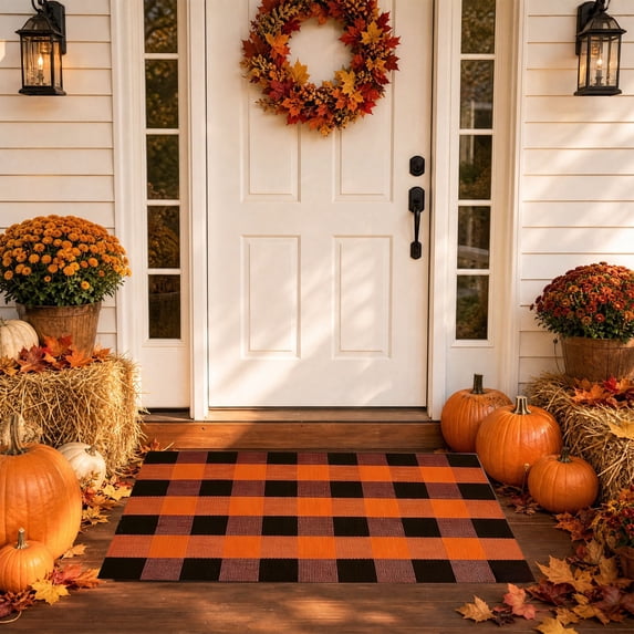 Fall Plaid Outdoor Rug, Washable Layered Doormat, Checkered Entryway Mat, Farmhouse Doormat for Entryway Kitchen Patio Decor