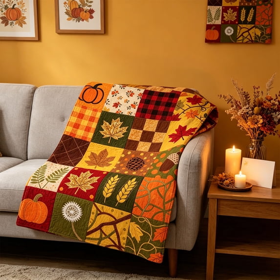 Fall Plaid Patchwork Throw Blanket Autumn Pumpkin Sunflower Print Soft Flannel Nap Quilt for Sofa Couch Bedroom Thanksgiving Holiday Home Decor