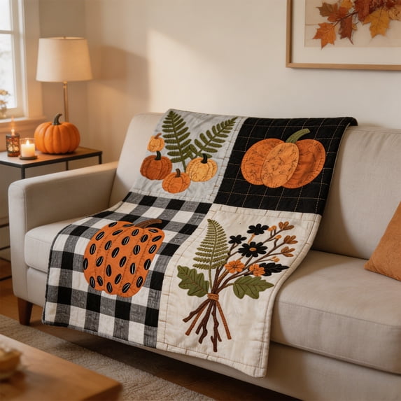 Fall Plaid Patchwork Throw Blanket Autumn Pumpkin Sunflower Print Soft Flannel Nap Quilt for Sofa Couch Bedroom Thanksgiving Holiday Home Decor