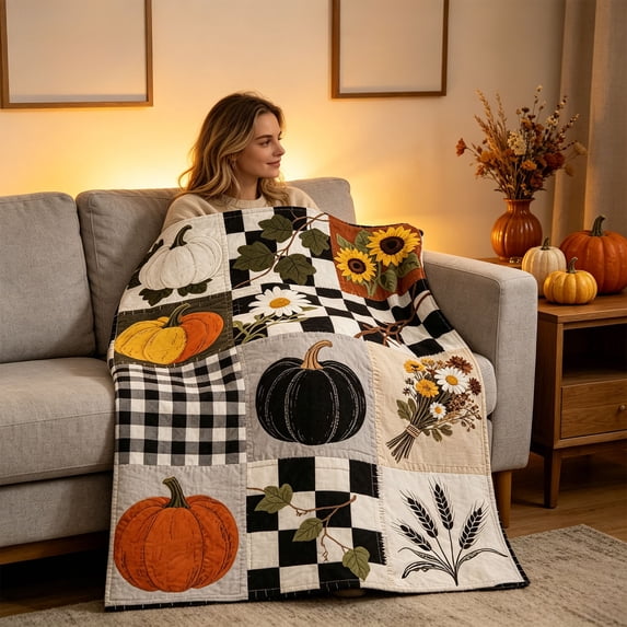 Fall Plaid Patchwork Throw Blanket Autumn Pumpkin Sunflower Print Soft Flannel Nap Quilt for Sofa Couch Bedroom Thanksgiving Holiday Home Decor