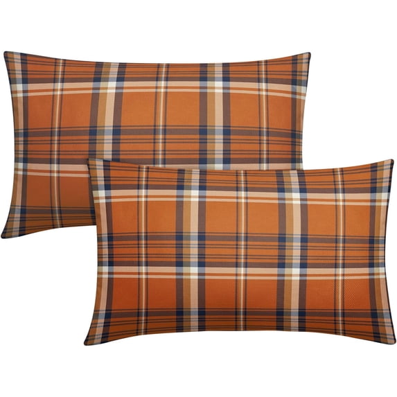 Fall Plaid Pillow Covers 12x20 Inch Autumn Orange Blue Buffalo Plaid Tartan Pattern Rectangle Decorative Throw Pillow Cases Set of 2 Thanksgiving Day Holiday Cushion Cases Sofa Couch Bed Decor