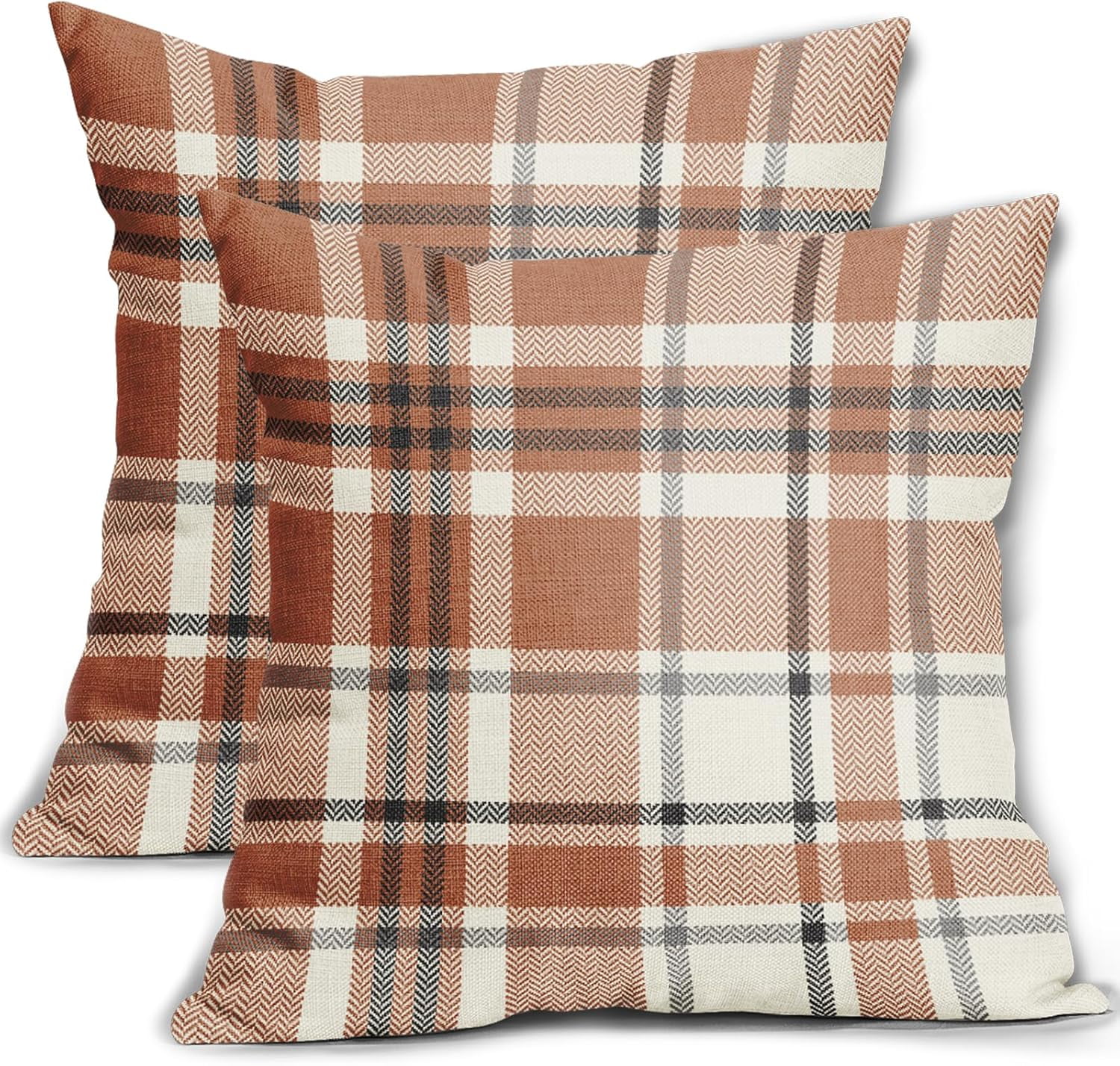 Fall Plaid Pillow Covers 18x18 Set of 2 Burnt Orange Gray Cream Rustic