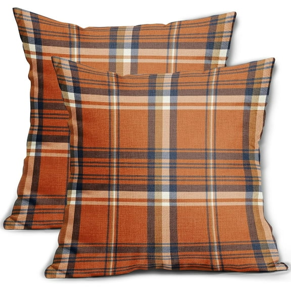 Fall Plaid Pillow Covers 18x18 Set of 2 Orange Blue Buffalo Plaid Tartan Print Autumn Themed Decorative Throw Pillows Outdoor Pillowcase Square Linen Farmhouse Cushion Case Decor for Couch Sofa Bed