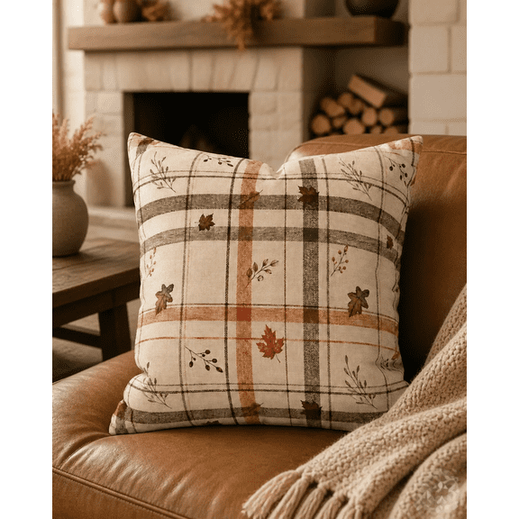 Fall Plaid Polyester Decorative Pillow Cover, Double-Sided Print, Square 16 x 16 in, Insert Not Included