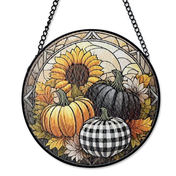 Fall Plaid Pumpkin Suncatcher, Stained Glass Style UV Printed Glass, Autumn Harvest Thanksgiving Decor, Round