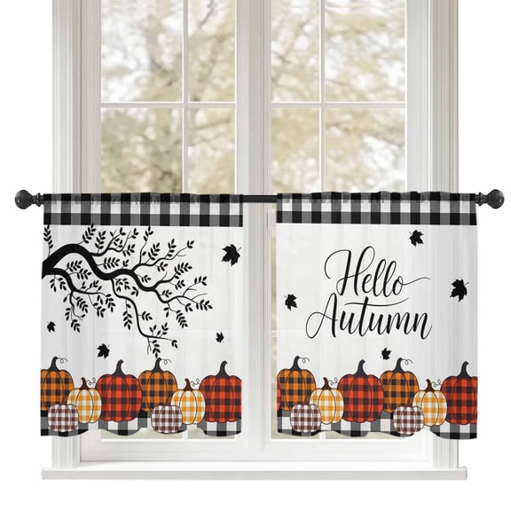 Fall Plaid Pumpkins Sheer Curtains 54 inches Long, Maple Leaf Tree Black Grid Thanksgiving Light Filtering Sheer Window Curtains Rod Pocket Voile Drapes for Bedroom Living Room, 52"W x 54"L 2 Panels