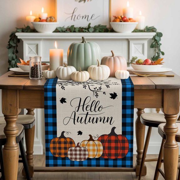 Fall Plaid Pumpkins Table Runner, Autumn Thanksgiving Kitchen Dining Table Decoration for Home Party Decor 13x48 Inches