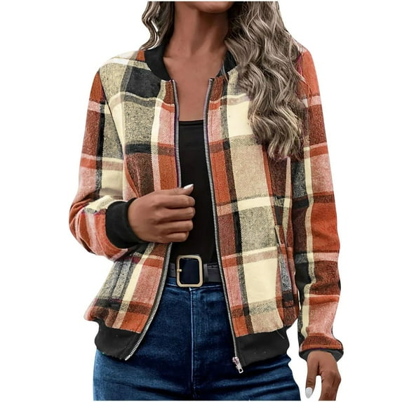 Fall Plaid Shirts Long Sleeve for Women, Fashion Zipper Flanne Jackets, Casual Loose Long Sleeve Tops
