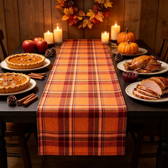 Fall Plaid Table Runner, Orange Polyester for Thanksgiving Holiday Dining Table Decor