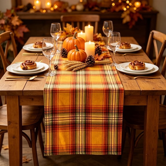 Fall Plaid Table Runner, Orange Polyester for Thanksgiving Holiday Dining Table Decor