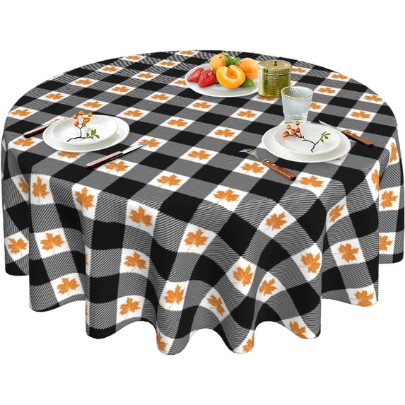 Fall Plaid Tablecloth Black and White Checkered Tablecloth Round 60 Inch Reusable Autumn Maple Leaf Tablecloth for Holiday Party Dinner Dining Table Decor