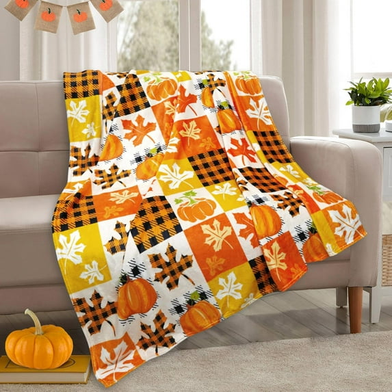 Fall Plaid Throw Blanket 50" x 60", Fall Blankets and Throws, Cozy Fall Fleece Throw Blanket for Couch, Autumn Pumpkin and Leaves Blanket, Fall Throws