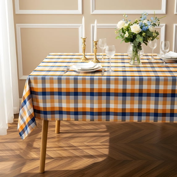 Fall Plaid Waterproof Tablecloth \u2013 Orange, Blue & White Check Pattern \u2013 Thanksgiving Harvest Table Cover, Stain-Resistant & Durable, W60 x L120 in