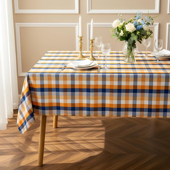 Fall Plaid Waterproof Tablecloth \u2013 Orange, Blue & White Check Pattern \u2013 Thanksgiving Harvest Table Cover, Stain-Resistant & Durable, W60 x L120 in