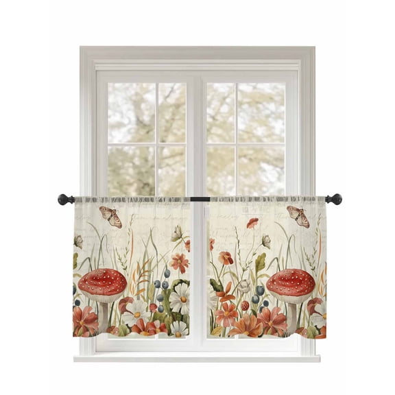 Fall Plant Sheer Curtains 2 Panels Set Mushroom Wildflower Butterfly Old Newspaper Lihgt Filtering Rod Pocket Voile Drape, Semi Sheer Window Curtains for Bedroom Living Room, 52"x45"